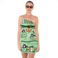 Seamless Pattern Fishes Pirates Cartoon One Shoulder Ring Trim Bodycon Dress by Simbadda