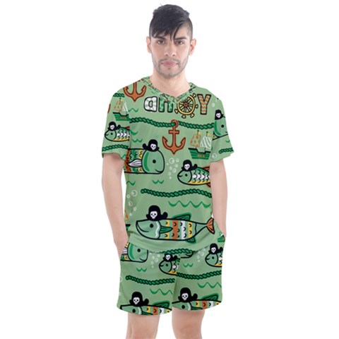 Seamless Pattern Fishes Pirates Cartoon Men s Mesh Tee And Shorts Set by Simbadda