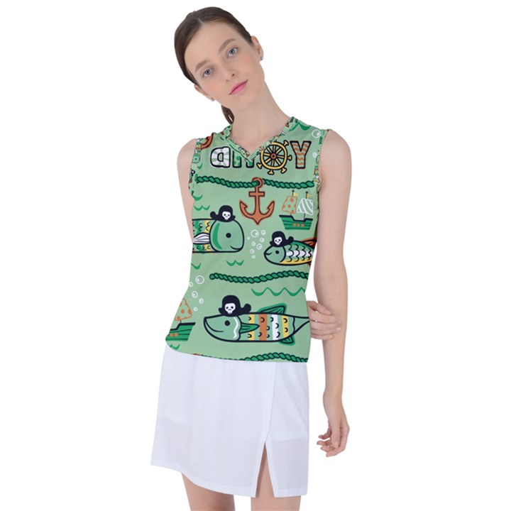 Seamless Pattern Fishes Pirates Cartoon Women s Sleeveless Sports Top