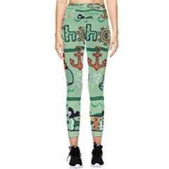 Seamless Pattern Fishes Pirates Cartoon Pocket Leggings  by Simbadda