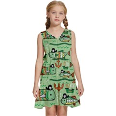 Seamless Pattern Fishes Pirates Cartoon Kids  Sleeveless Tiered Mini Dress