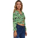 Seamless Pattern Fishes Pirates Cartoon Long Sleeve V-Neck Top View3