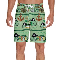 Seamless Pattern Fishes Pirates Cartoon Men s Beach Shorts