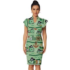 Seamless Pattern Fishes Pirates Cartoon Vintage Frill Sleeve V-neck Bodycon Dress by Simbadda