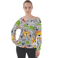 Seamless Pattern With Wildlife Cartoon Off Shoulder Long Sleeve Velour Top by Simbadda