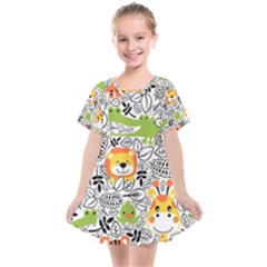 Seamless Pattern With Wildlife Cartoon Kids  Smock Dress by Simbadda