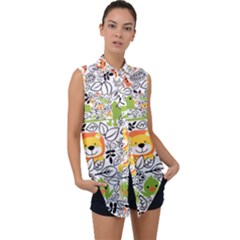 Seamless Pattern With Wildlife Cartoon Sleeveless Chiffon Button Shirt