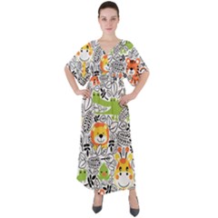 Seamless Pattern With Wildlife Cartoon V-neck Boho Style Maxi Dress by Simbadda