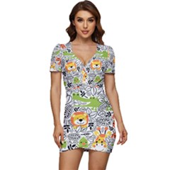 Seamless Pattern With Wildlife Cartoon Low Cut Cap Sleeve Mini Dress