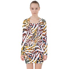 Abstract Geometric Seamless Pattern With Animal Print V-neck Bodycon Long Sleeve Dress by Simbadda