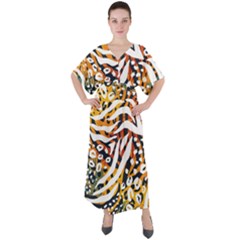 Abstract Geometric Seamless Pattern With Animal Print V-neck Boho Style Maxi Dress by Simbadda