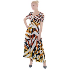 Abstract Geometric Seamless Pattern With Animal Print Button Up Short Sleeve Maxi Dress