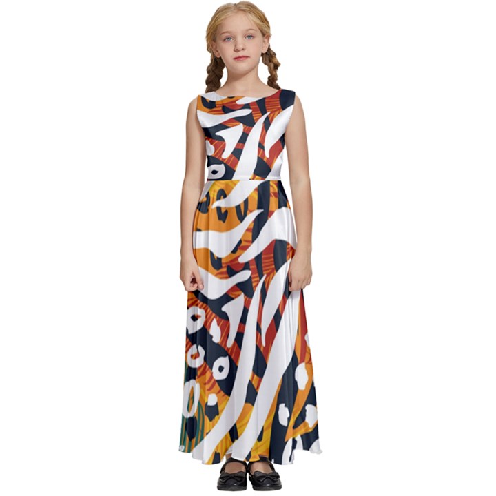 Abstract Geometric Seamless Pattern With Animal Print Kids  Satin Sleeveless Maxi Dress