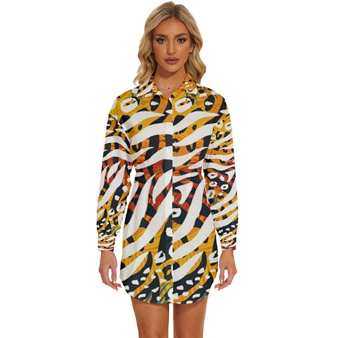 Abstract Geometric Seamless Pattern With Animal Print Womens Long Sleeve Shirt Dress by Simbadda