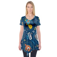 Seamless Pattern Vector Submarine With Sea Animals Cartoon Short Sleeve Tunic  by Simbadda