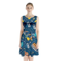 Seamless Pattern Vector Submarine With Sea Animals Cartoon Sleeveless Waist Tie Chiffon Dress by Simbadda