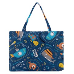 Seamless Pattern Vector Submarine With Sea Animals Cartoon Zipper Medium Tote Bag by Simbadda