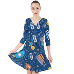 Seamless Pattern Vector Submarine With Sea Animals Cartoon Quarter Sleeve Front Wrap Dress by Simbadda