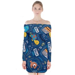 Seamless Pattern Vector Submarine With Sea Animals Cartoon Long Sleeve Off Shoulder Dress by Simbadda