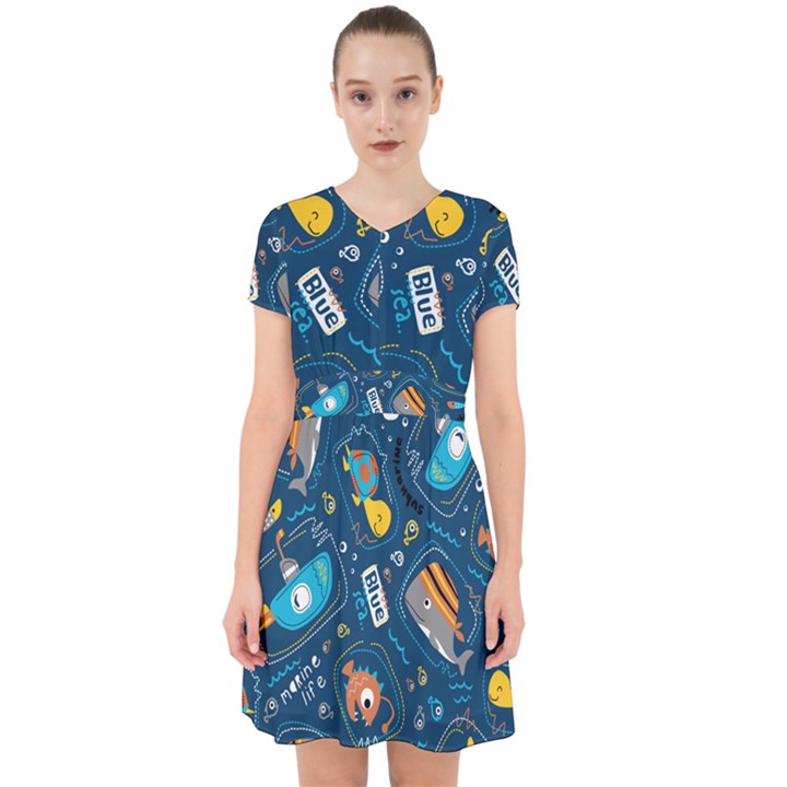 Seamless Pattern Vector Submarine With Sea Animals Cartoon Adorable in Chiffon Dress