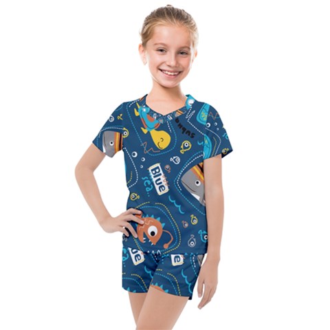 Seamless Pattern Vector Submarine With Sea Animals Cartoon Kids  Mesh Tee And Shorts Set by Simbadda