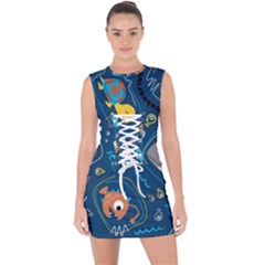 Seamless Pattern Vector Submarine With Sea Animals Cartoon Lace Up Front Bodycon Dress by Simbadda