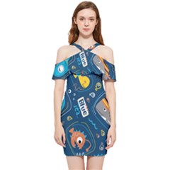 Seamless Pattern Vector Submarine With Sea Animals Cartoon Shoulder Frill Bodycon Summer Dress by Simbadda