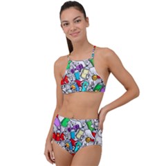 Graffiti Characters Seamless Pattern Halter Tankini Set by Simbadda