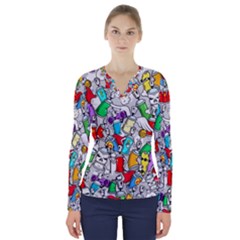 Graffiti Characters Seamless Pattern V-neck Long Sleeve Top by Simbadda