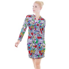 Graffiti Characters Seamless Pattern Button Long Sleeve Dress by Simbadda