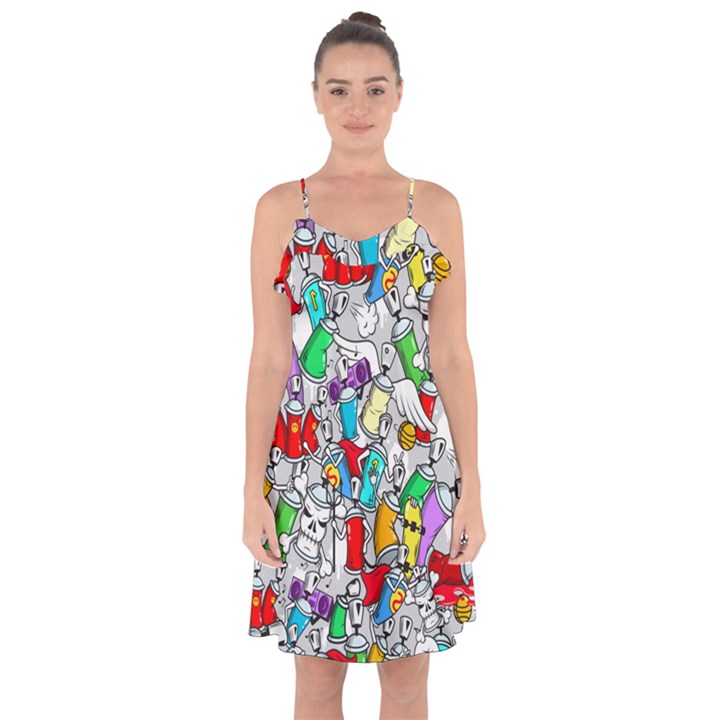 Graffiti Characters Seamless Pattern Ruffle Detail Chiffon Dress