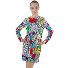 Graffiti Characters Seamless Pattern Long Sleeve Hoodie Dress