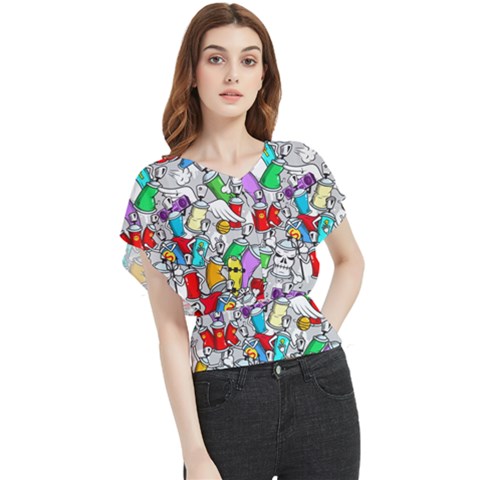 Graffiti Characters Seamless Pattern Butterfly Chiffon Blouse by Simbadda