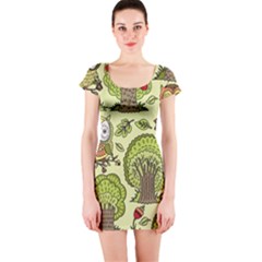 Seamless Pattern With Trees Owls Short Sleeve Bodycon Dress by Simbadda