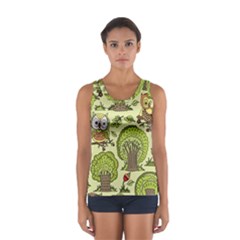 Seamless Pattern With Trees Owls Sport Tank Top  by Simbadda