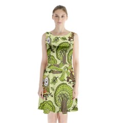 Seamless Pattern With Trees Owls Sleeveless Waist Tie Chiffon Dress by Simbadda