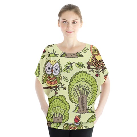 Seamless Pattern With Trees Owls Batwing Chiffon Blouse by Simbadda