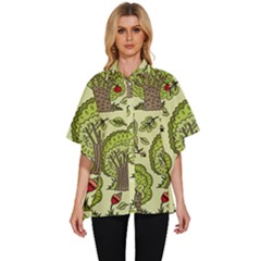 Seamless Pattern With Trees Owls Women s Batwing Button Up Shirt