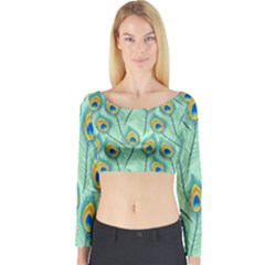 Lovely Peacock Feather Pattern With Flat Design Long Sleeve Crop Top by Simbadda