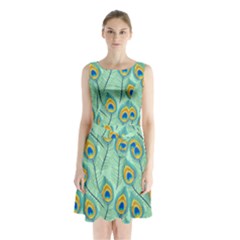 Lovely Peacock Feather Pattern With Flat Design Sleeveless Waist Tie Chiffon Dress by Simbadda