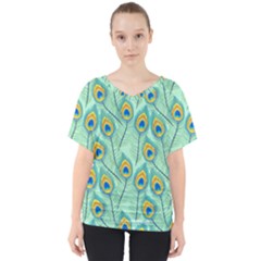 Lovely Peacock Feather Pattern With Flat Design V-neck Dolman Drape Top by Simbadda