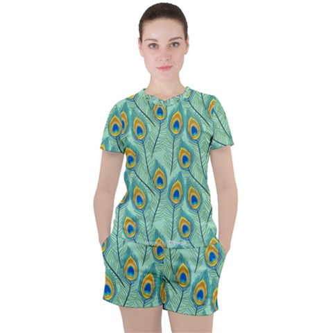 Lovely Peacock Feather Pattern With Flat Design Women s Tee And Shorts Set by Simbadda