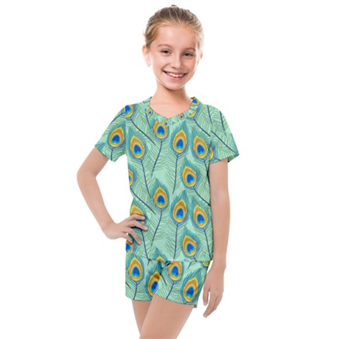 Lovely Peacock Feather Pattern With Flat Design Kids  Mesh Tee And Shorts Set by Simbadda