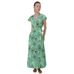 Lovely Peacock Feather Pattern With Flat Design Flutter Sleeve Maxi Dress by Simbadda