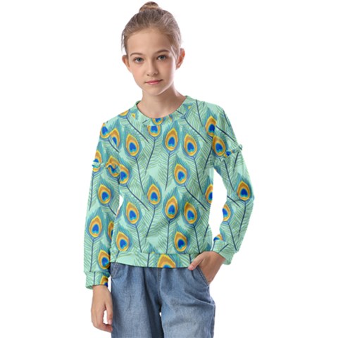 Lovely Peacock Feather Pattern With Flat Design Kids  Long Sleeve Tee With Frill  by Simbadda