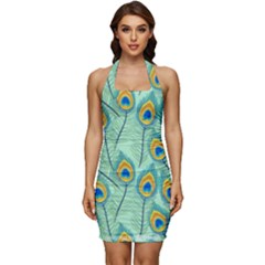 Lovely Peacock Feather Pattern With Flat Design Sleeveless Wide Square Neckline Ruched Bodycon Dress by Simbadda