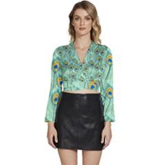 Lovely Peacock Feather Pattern With Flat Design Long Sleeve Tie Back Satin Wrap Top by Simbadda