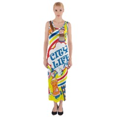 Colorful City Life Horizontal Seamless Pattern Urban City Fitted Maxi Dress by Simbadda