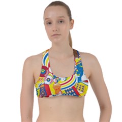 Colorful City Life Horizontal Seamless Pattern Urban City Criss Cross Racerback Sports Bra by Simbadda