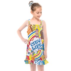 Colorful City Life Horizontal Seamless Pattern Urban City Kids  Overall Dress by Simbadda